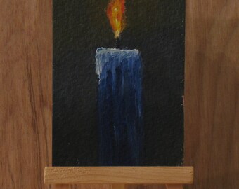 Aceo, blue candle and flame, acrylic painting, still life