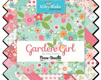 Garden Girl Charm Pack - 5" Inch Precut Fabric Squares - Riley Blake 5" Stacker - Cheerful Graphic Floral Fabric - Butterflies Flowers