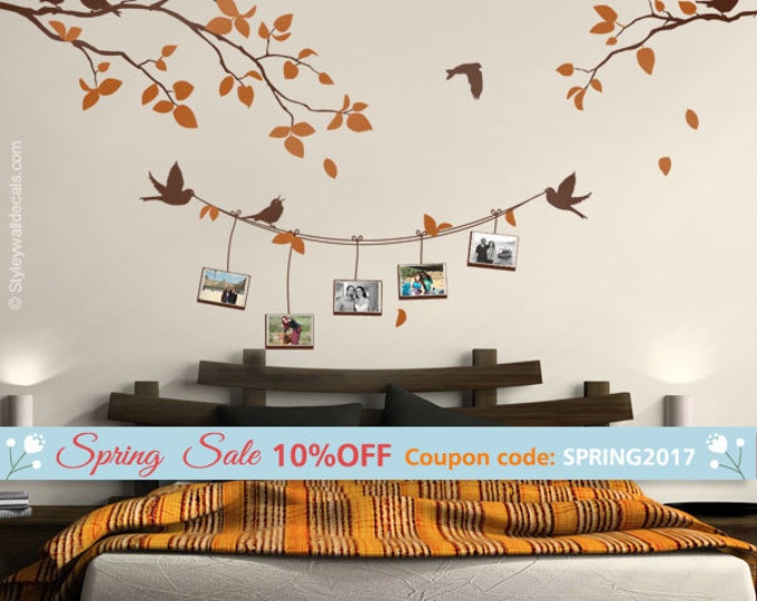 Photo Frames and Branch Wall Decal, Branch with Birds Picture Photo Frames Wall Decal, Photo Frames Wall Decal Nature Sticker Home Decor