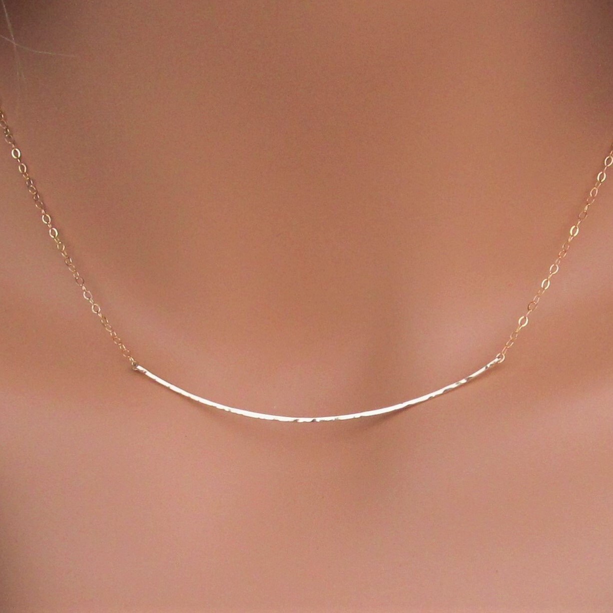 Curved Gold Bar Necklace Hammered Curved Bar Necklace 14kt