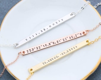 FREE SHIP • Long Coordinate Bar Necklace • Skinny Coordinate Necklace Bridesmaid Gift Silver Coordinate • Rose Gold Coordinate Location Gift