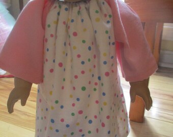 Pink Polka Dot Peasant Dress, flannel nightgown for 18 inch doll