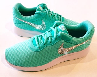 Bling Nike Shoes with Swarovski Crystals * Nike Tanjun SE Hyper Turquoise / White Bedazzled Swooshes