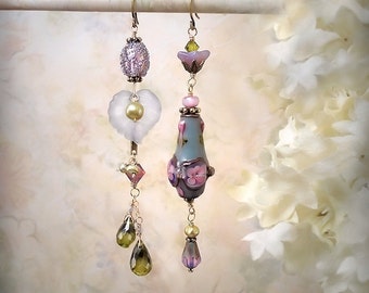 Smoky Blue Mismatch Earrings Purple Flower Earrings Green Asymmetric Earrings Floral Earrings Olive Green Teardrop Earrings Garden Wedding
