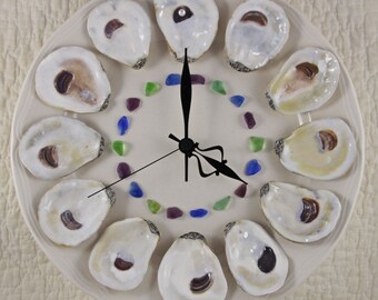 Dozen Oysters on the Half Shell Wall Clock with Ocean Hued Beach Glass