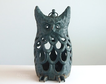 Vintage Japanese Mid Century Cast Iron Owl Candle Holder Lantern