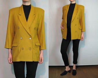 Ochre Yellow Wool Blazer / Golden Yellow Double Breasted Wool Blazer / 80s Strong Shoulder Blazer / Structured Wool Blazer