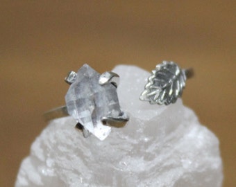 Herkimer Diamond Ring, Adjustable Diamond Ring, Herkimer Diamons, Sterling Silver, Stackable Ring, Stacking Ring, Leaf Ring