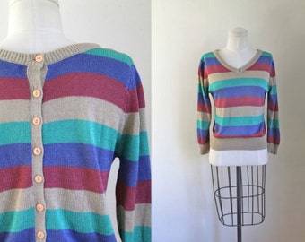 vintage striped sweater - FRONT & BACK button back  pullover / S