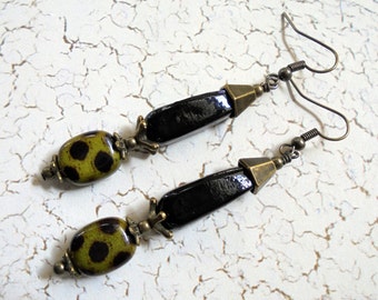 Black and Olive Spotted Boho Earrings (3365)