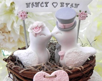 Rustic Love Bird Wedding Cake Topper White, Blush Pink and Gray, in a nest with Personalized Heart and Banner,