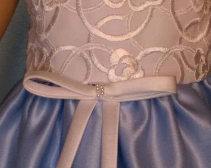 Blue satin summer party doll dress with white lace bodice fits 18 inch dolls