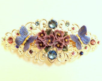 Lavender Flower Garden,Swarovski Crystal Barrette,Blue Butterflies,Vintage Style,Silvertone Filigree,Bride Accessory,Bridesmaid Gift, OOAK