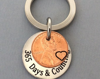 Anniversary Gift - Anniversary Gift For Men - Personalized KeyChain - Stamped Penny KeyChain - Days & Counting Keychain