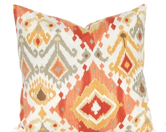 Outdoor Pillow Cover - Deep Coral, Rust and Gold - Ikat Pillow Cover - Patio Seating - Garden Decoration - Indoor Outdoor Pillow