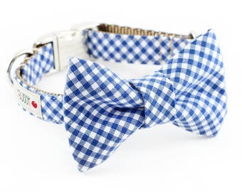 Royal Blue Gingham Bowtie Dog Collar