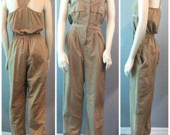 1980's Summer Safari style Jumpsuit Khaki Tan Cotton Pockets Racerback