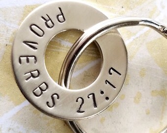 PROVERBS 27:17 Hand Stamped Nickel Silver Washer Key Chain