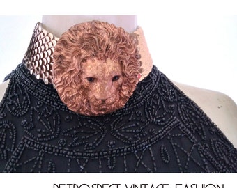 Vintage tribal Lion of Judah Neck Cuff belt custom chocker metal lion head with amber eyes, xl african afrique lion embellum