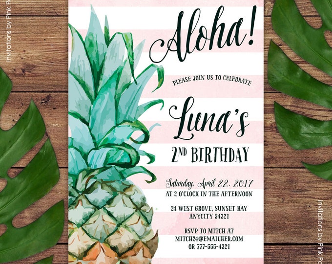 Pineapple Invitation, Birthday Party Invitation, Aloha Luau Hawaiian Printable Invitation
