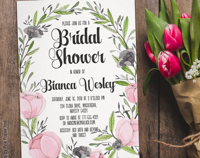 Pink Floral Wreath Bridal Shower Invitation, Tea Party Garden Party Spring Floral Watercolor Digital Printable Invitation
