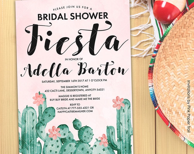 Cactus Cactii Succulents Bridal Shower Fiesta Invitation, Mexican Pink and Green, Boho Chic Printable Bridal Shower Invitation