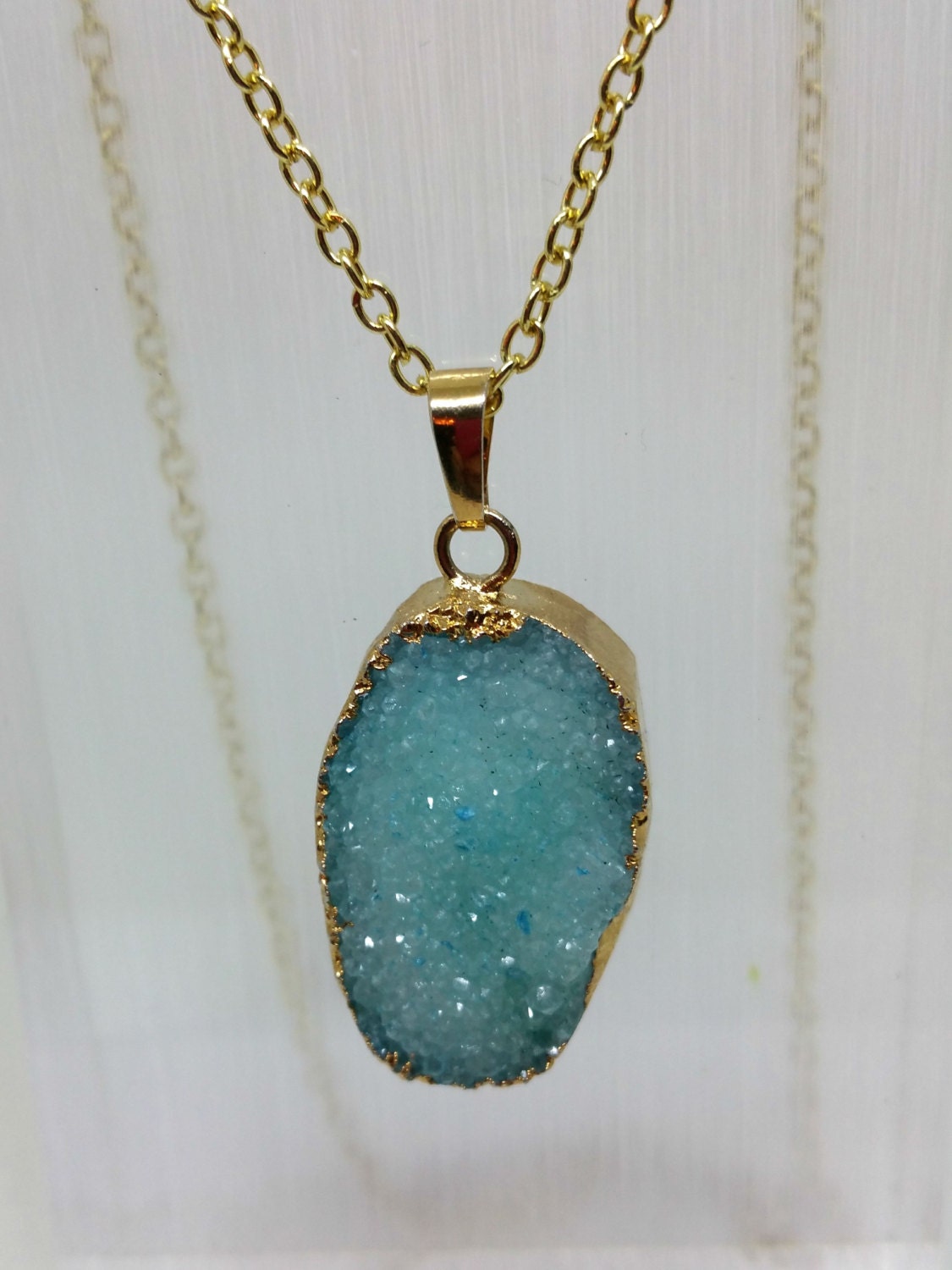 Sparkly Blue Druzy Agate Long Gold Necklace