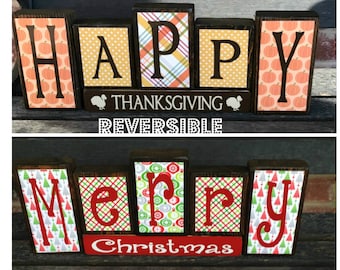 Christmas in July SALE--Reversible Christmas and Thanksgiving wood blocks-(red)Happy Thanksgiving reverses with Merry Christmas