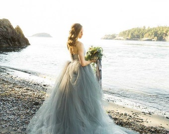 Tulle Wedding Dress, Strapless lace with Tulle Skirt, Train, TULA, Grey, Black, White, Any Color