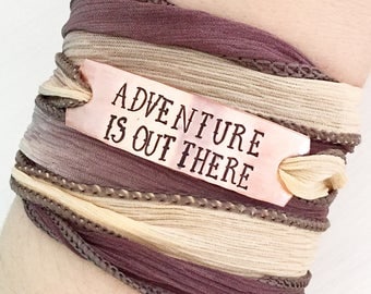 Adventure Is Out There, Silk Wrap Bracelet, Adventure Jewelry, Boho Jewelry, Bohemian Jewelry, Custom Stamped, Hand Stamped Jewelry