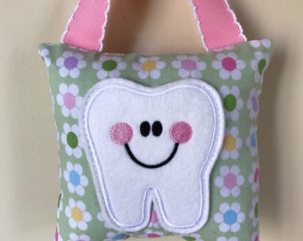Tooth Fairy Pillow- Pastel Flowers Pillow with Light Pink Ribbon - Kids Pillow - Kids Gift