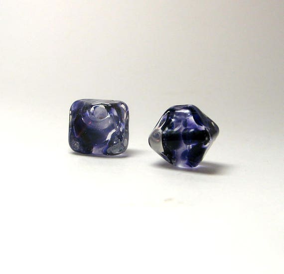 Tiny Deep Violet Jewels Artisan lampwork bead pair - Small 10mm handcrafted beads in a crystal shape-Deep Violet Crystal Bead - Gift for Her