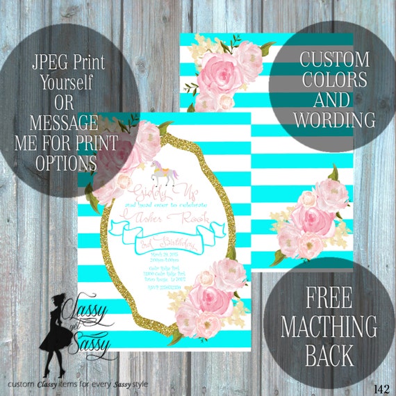 Carousel Hourse Birthday Party Inviation, Pony Party, Aqua Glitter Party Invitation, DIY Print Party Inviation, Tween Birthday invite 142