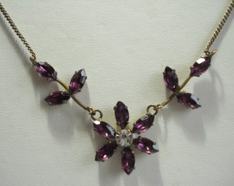 Vintage Necklace Amethyst Rhinestone Flower 1950's 1960's