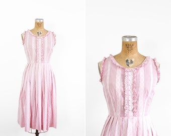 1950s Dress - 50s Dress - Pink Sleeveless Striped Cotton Day Dress