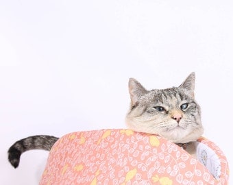 Cat Canoe a modern kitty bed - Made in Washington in a melon or coral cotton fabric with cute yellow birds
