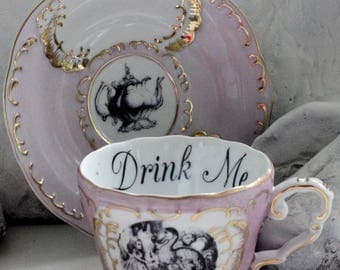 Alice in Wonderland Pink & Gold Teacup / Saucer Set, Pick Your Character, Lewis Caroll Teacup, Alice Tea Party, Wonderland Mug Cup