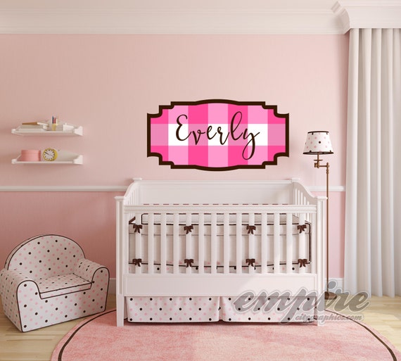 Pink Gingham Check Custom Name Decal, Framed Custom Nursery Decal, Personalized Name Checkered Wall Decal, Modern Name Decal, Monogram decal