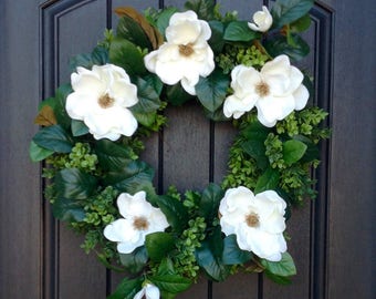 Spring Wreath-Summer Wreath-Grapevine Door Wreath-Boxwood-Magnolia Florals-Artificial Materials-Gift-Indoor/Outdoor Decoration