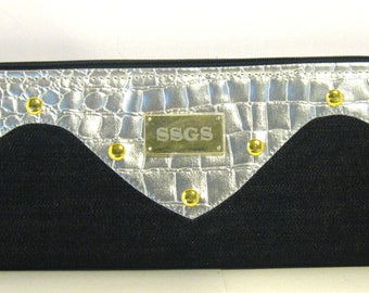 denim clutch bag silver faux leather purse handbag