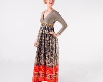 1970's Saks Fifth Ave Lurex Boho Maxi Dress/ Floral Empire Waist Bohemian Holiday Dress/ Metallic Skirt