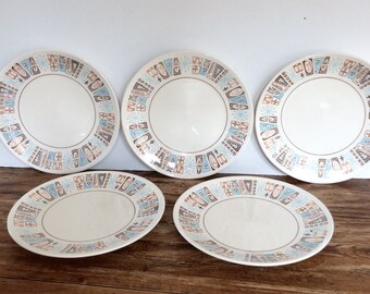 Vintage Taylor Smith Taylor Moderne Luncheon Plate Set / Taylorstone Retro Plate Set / Set of 5