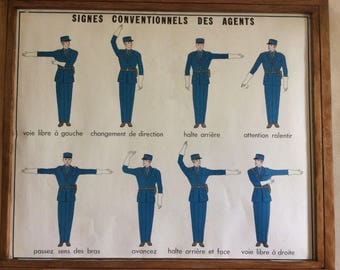Large Stunning Vintage 1960's Original French School Poster of French policemen/ Traffic Control