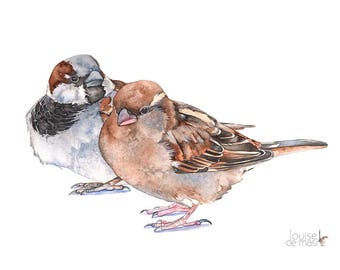 Sparrow print of watercolor painting A4 size S20817, sparrow watercolor, sparrows print, sparrows painting, bird watercolor art