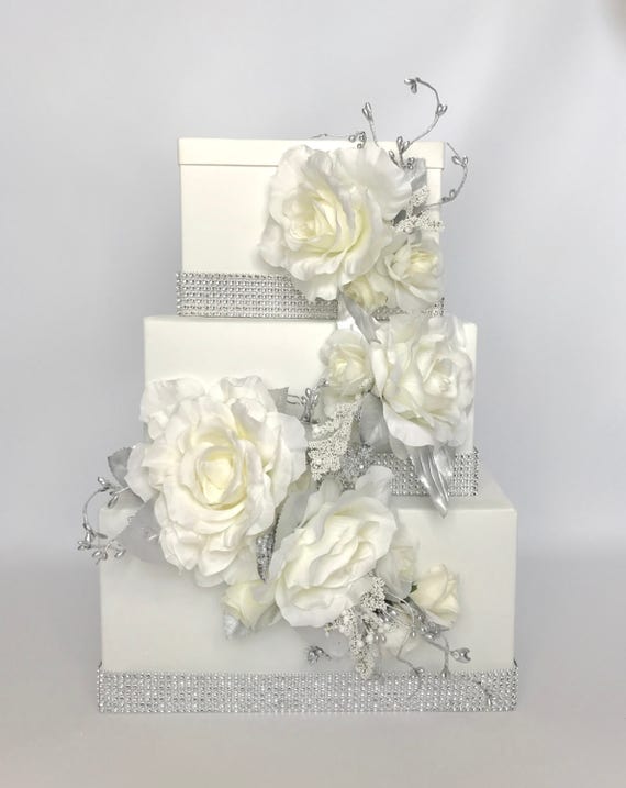 Wedding Card Box with Lock Cascade Silver Bling and Ivory Or