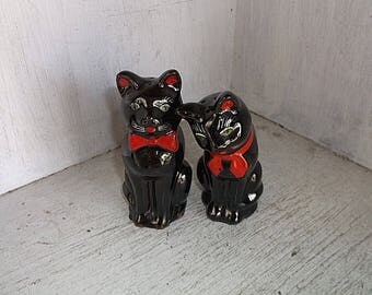 Made In Japan Black Cats Red Bows Salt & Pepper Shakers Set Vintage Mid Century