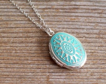 Sterling Silver Locket Necklace, Small Aqua Blue Silver Locket, Delicate Chain Necklace, Art Deco Silver Locket, Turquoise Patina Locket