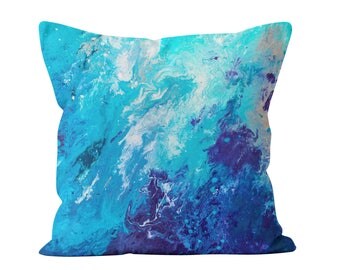 Blue Throw Pillow - Blue And White Marbled Decorative Square Throw Pillow Scatter Cushion in Turquoise Blue & White