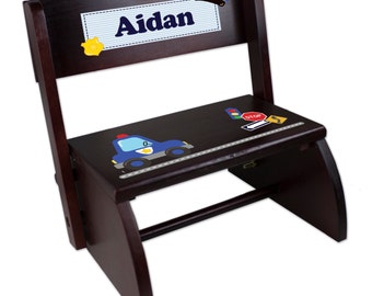 Custom Police Car Stool Kids Step Stool with Police Cars Policeman Personalized Police Officer Stool Boys espresso Child's Seat STOO-esp215