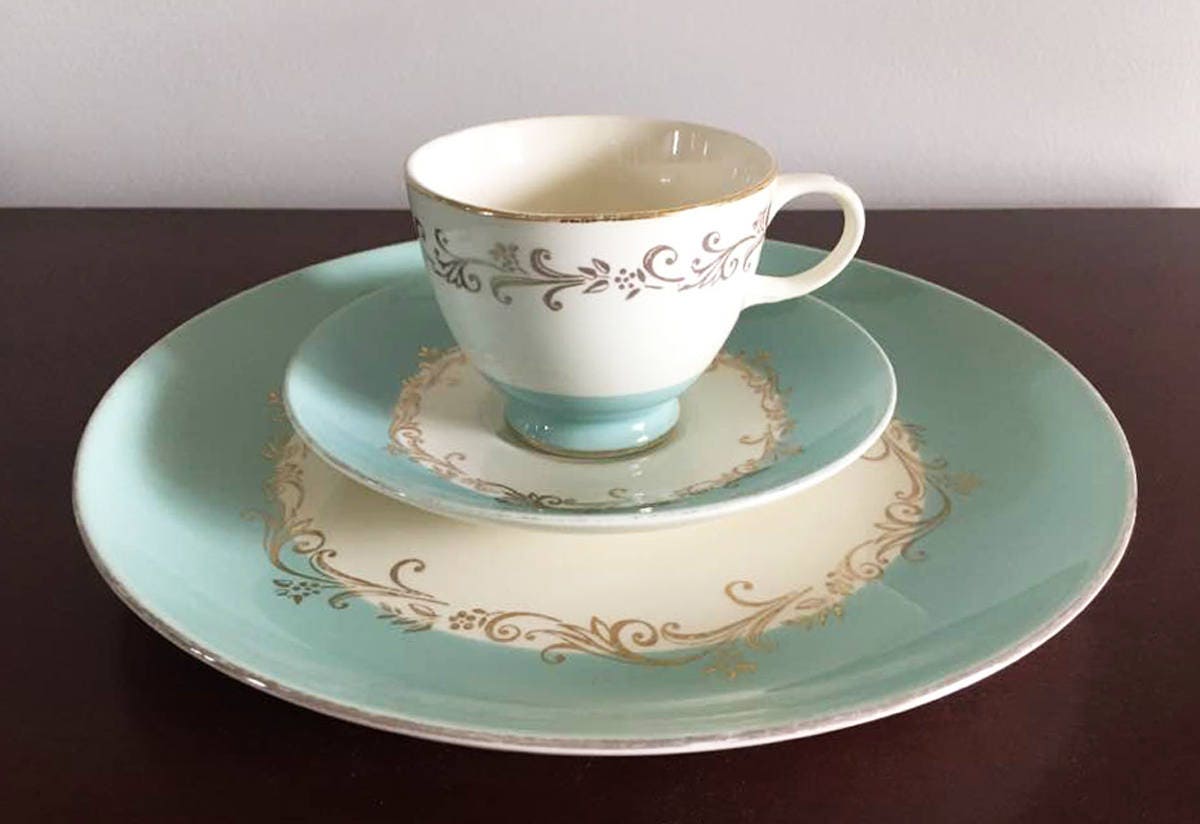 Turquoise China Tea Cup Saucer and Dinner Plate / Single Place